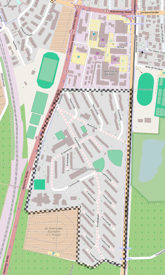 Lincolnsiedlung in Darmstadt Bessungen-Süd. Quelle: OpenStreetMap