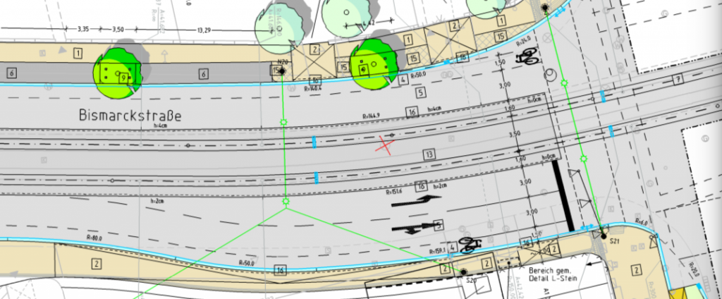 Ausschnitt aus den Planunterlagen. Kreuzung Bismarckstraße - Doliviostraße