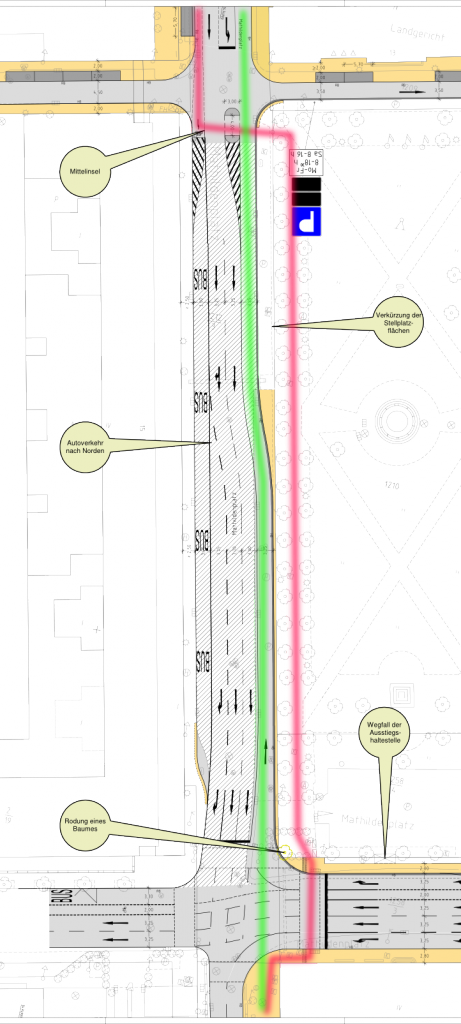 Rot: Vorgesehene zukünftige Radwegführung am Mathildenplatz. Grün: von Werner Krone vorgeschlagene Radwegeführung. Quelle: https://darmstadt.ui-traffic.de/faces/TrafficData.xhtml Bearbeitung: M. Huth